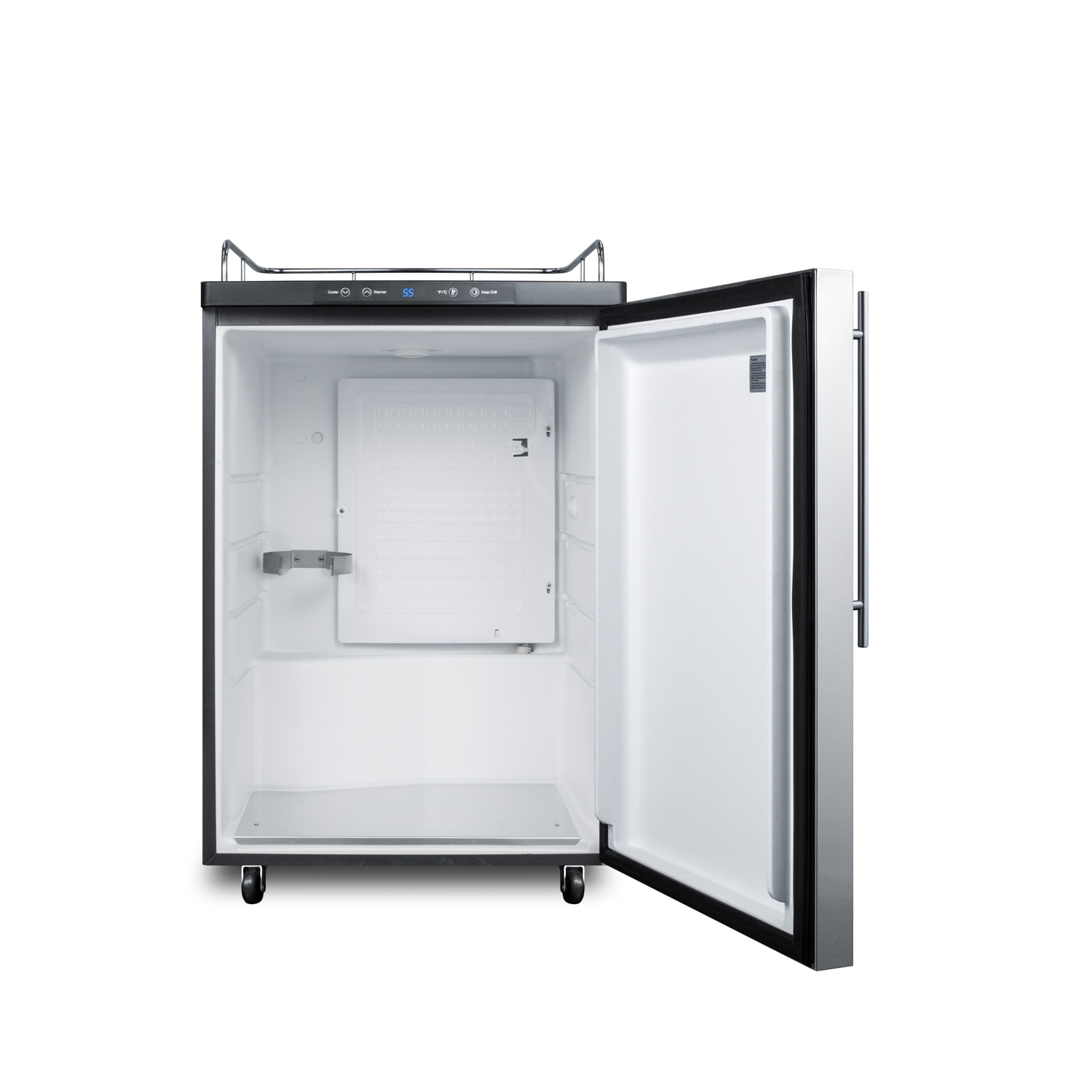 Freestanding residential beer dispenser, auto defrost w/digital thermostat, SS door, thin handle, and black cabinet; no tapping equipment included